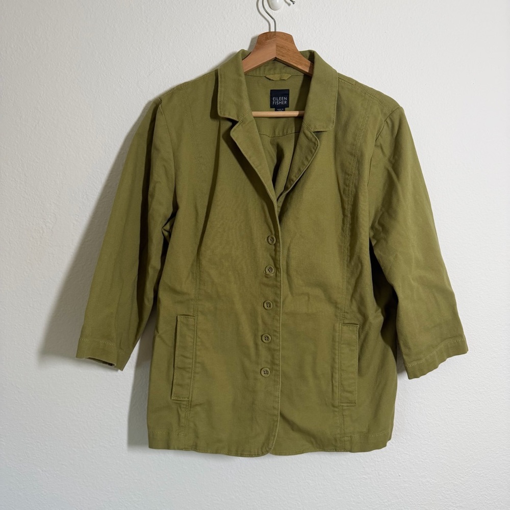 Eileen Fisher Organic Cotton Utility Jacket Size Large Olive Green 3/4 Sleeve